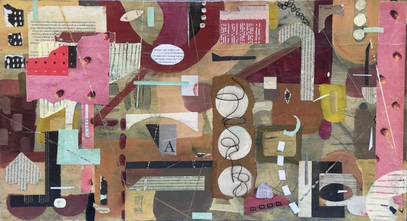 Peinture abstraite en technique mixte sur panneau de bois, zone de transition entre formes.