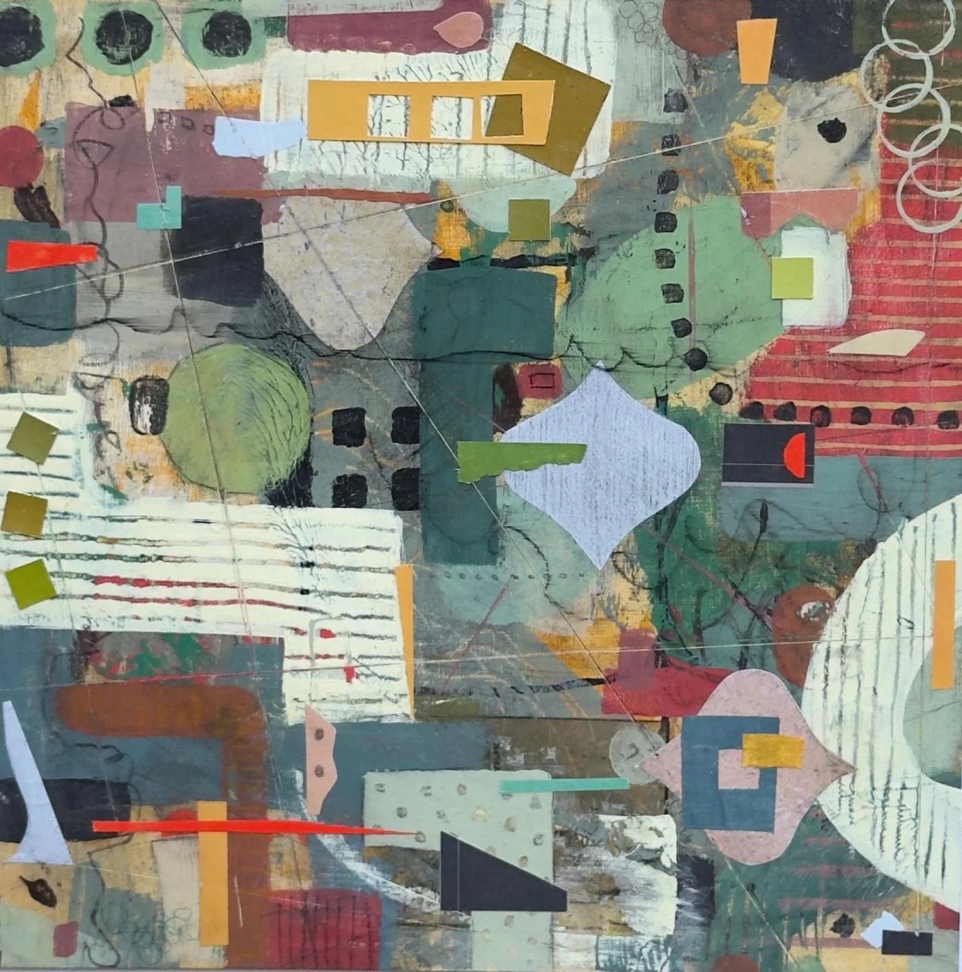 œuvre d'art abstraite avec des formes géométriques colorées, collages, textures et motifs variées , présenté en une composition complexe.