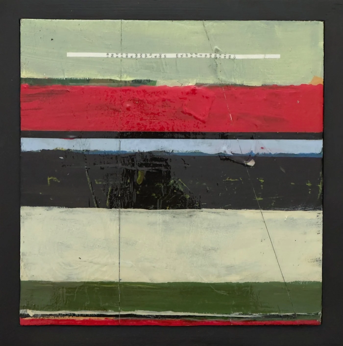 Peinture abstraite contemporaine de Josée Larocque composée de bandes horizontales rouge, noir, blanc et vert avec textures et traces superposées.