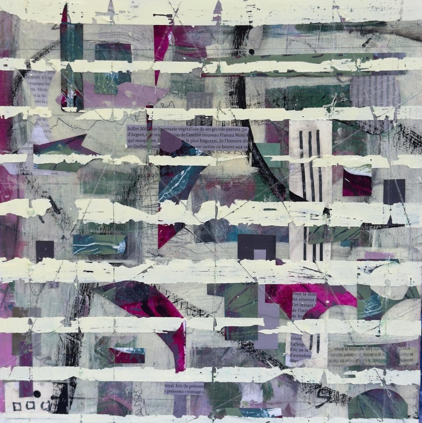 Peinture abstraite en technique mixte sur panneau de bois, formes naissantes à la surface.