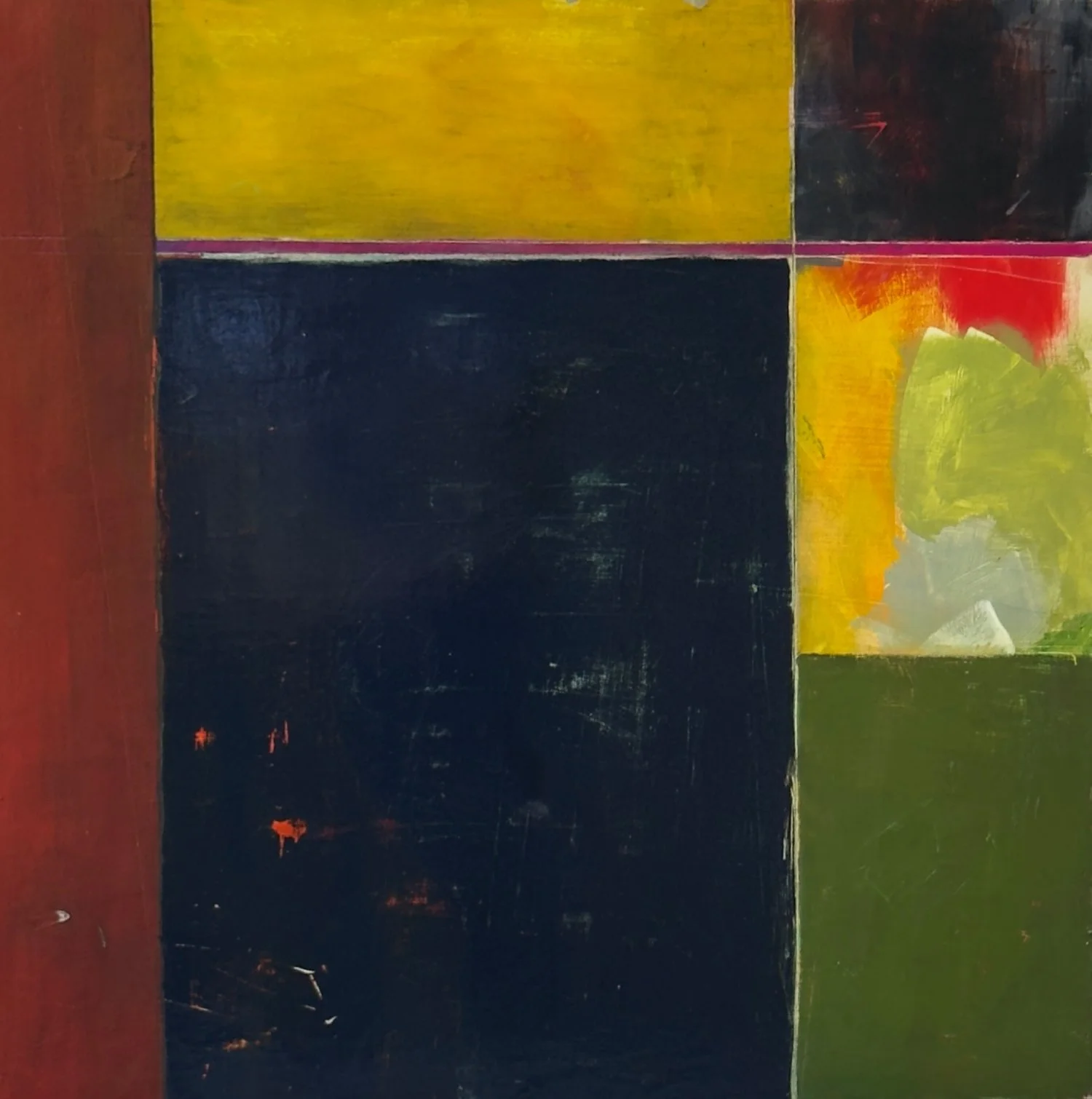 peinture abstraite aux formes géométriques aux couleurs bleu, rouge, ocre, kaki avec un rectangle coloré par l'artiste Josée Larocque