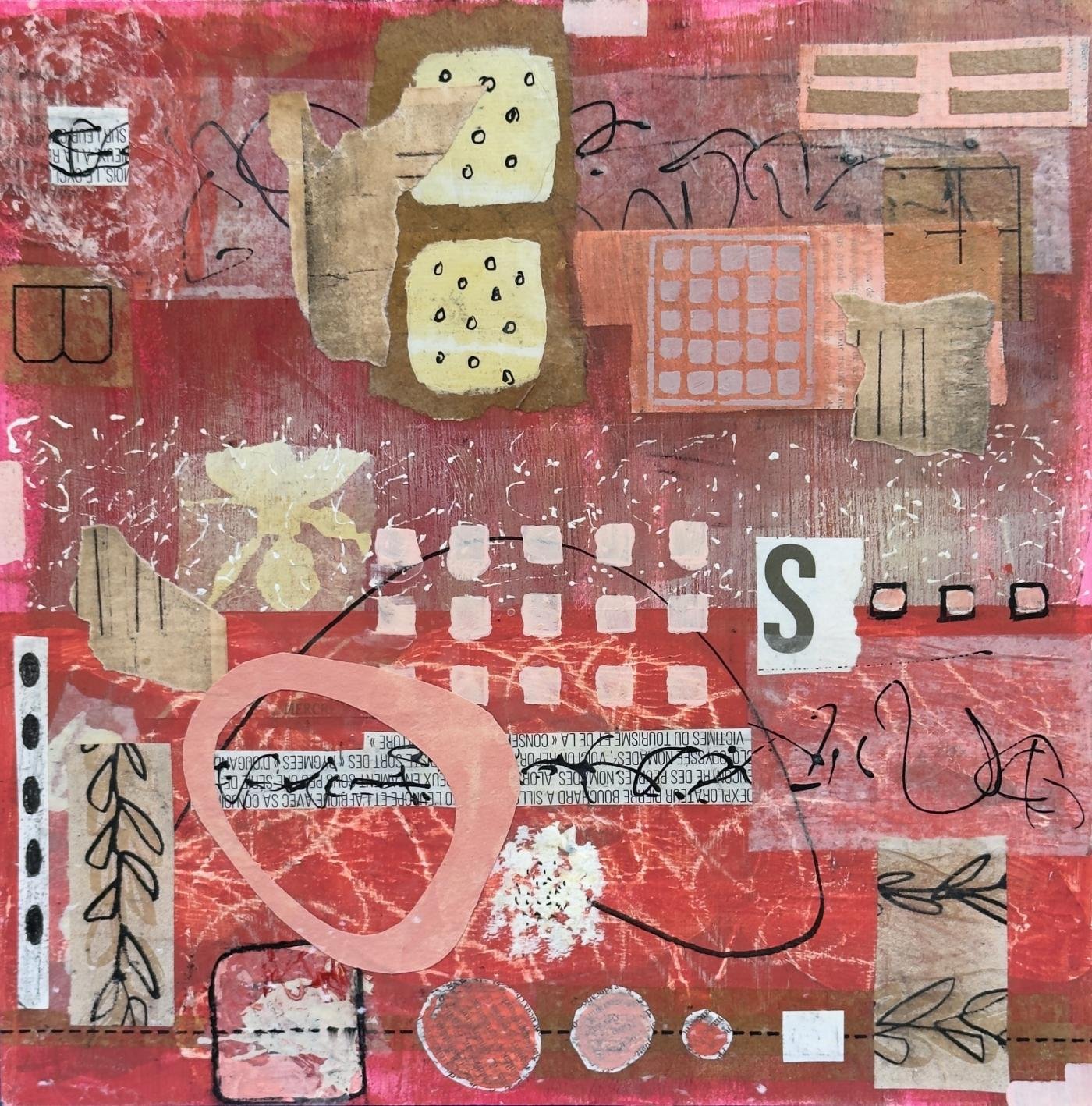 Peinture abstraite en technique mixte sur panneau de bois, superposition de couches et traces du temps.