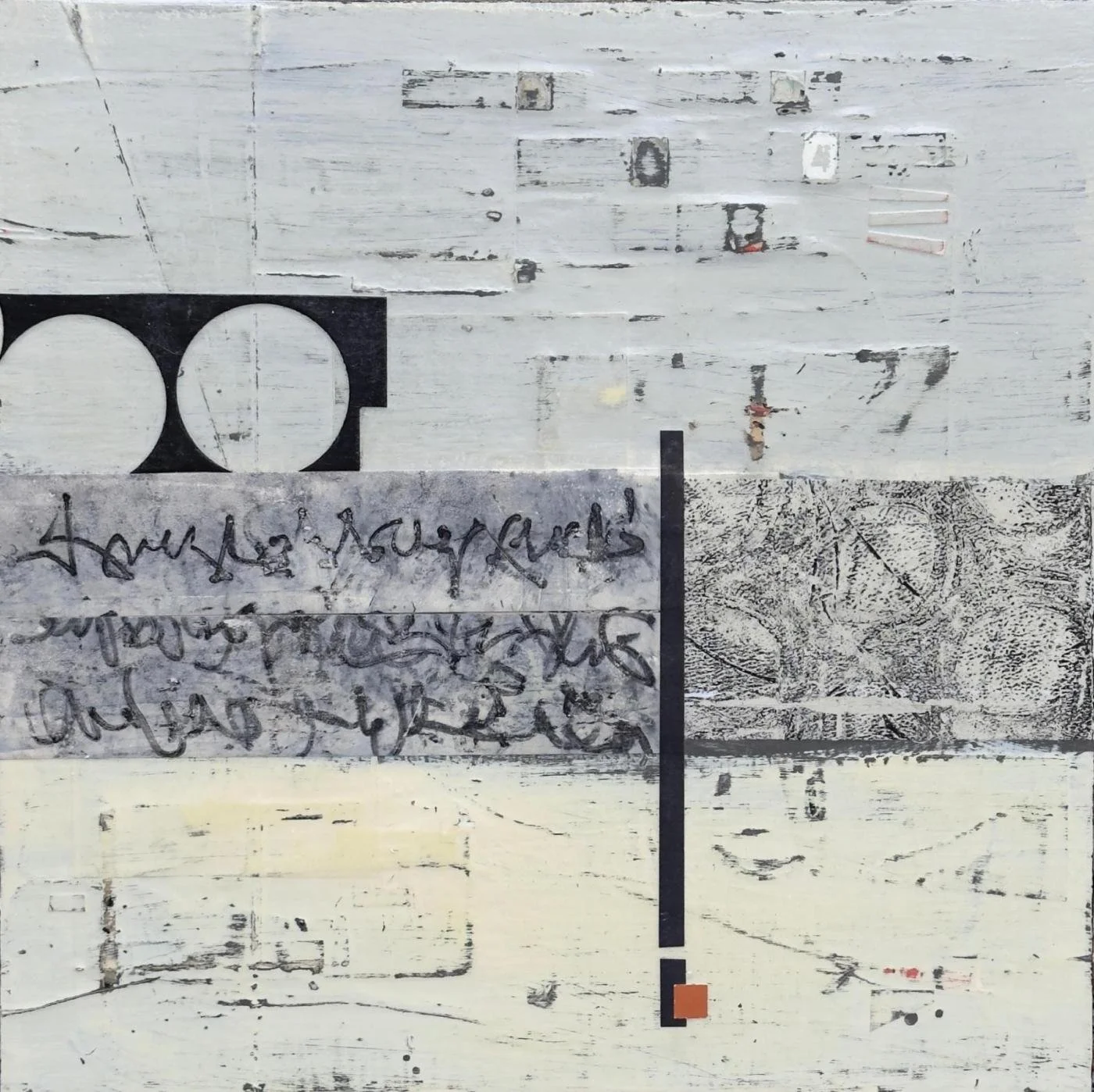 Peinture abstraite en technique mixte sur panneau de bois, formes retenues et atmosphère silencieuse.