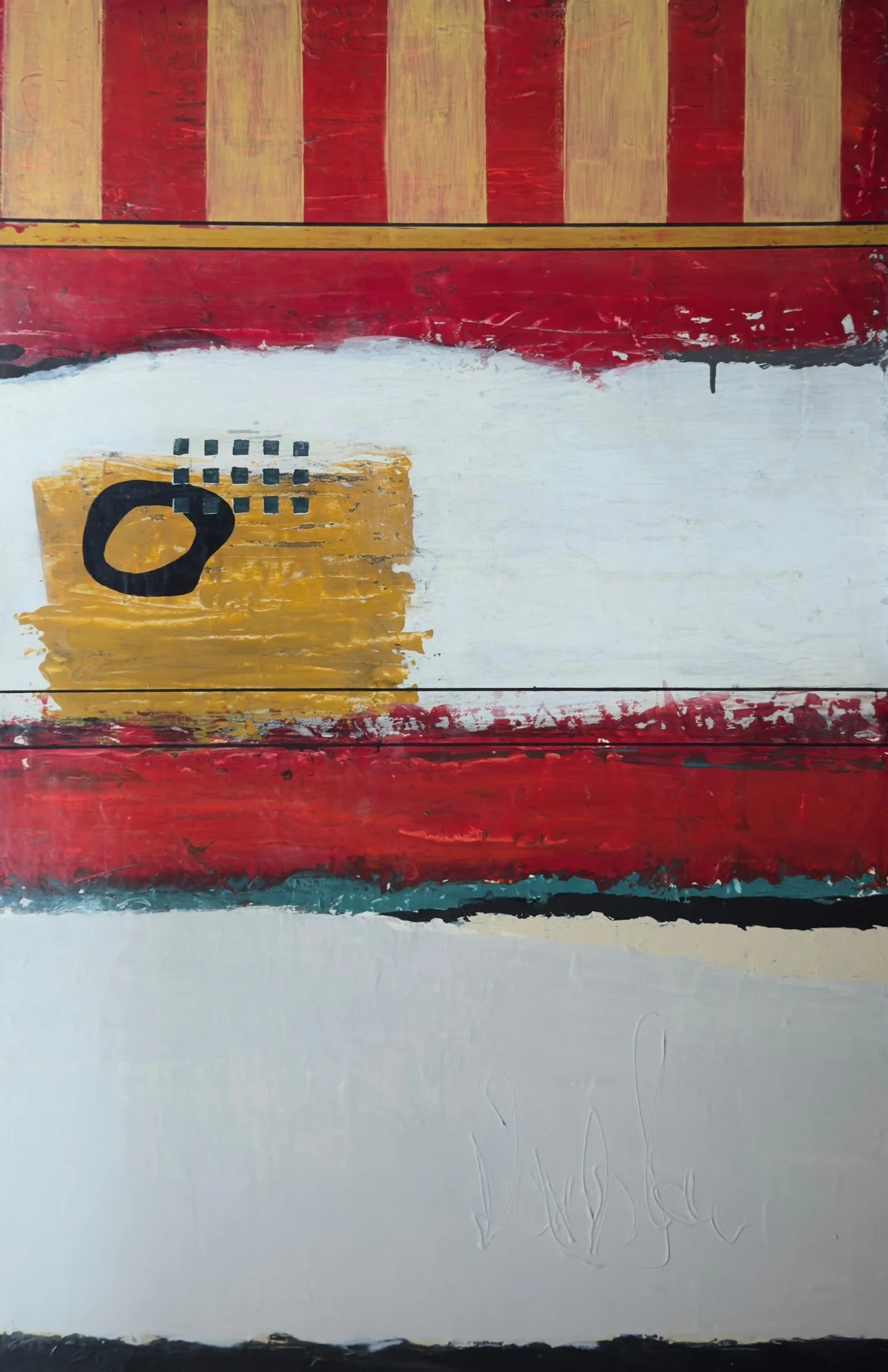 Peinture abstraite composée bandes rouges et ocres, avec de larges espaces blancs, un motif circulaire noir et de petits carrés géométriques noirs par l'artiste Josée Larocque
