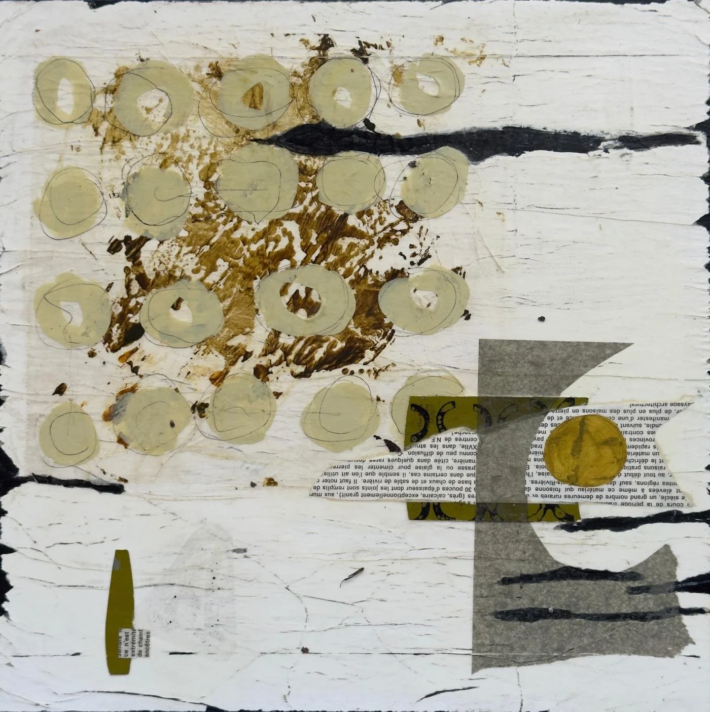 Peinture abstraite en technique mixte sur panneau de bois, éléments persistants et mémoire visuelle.