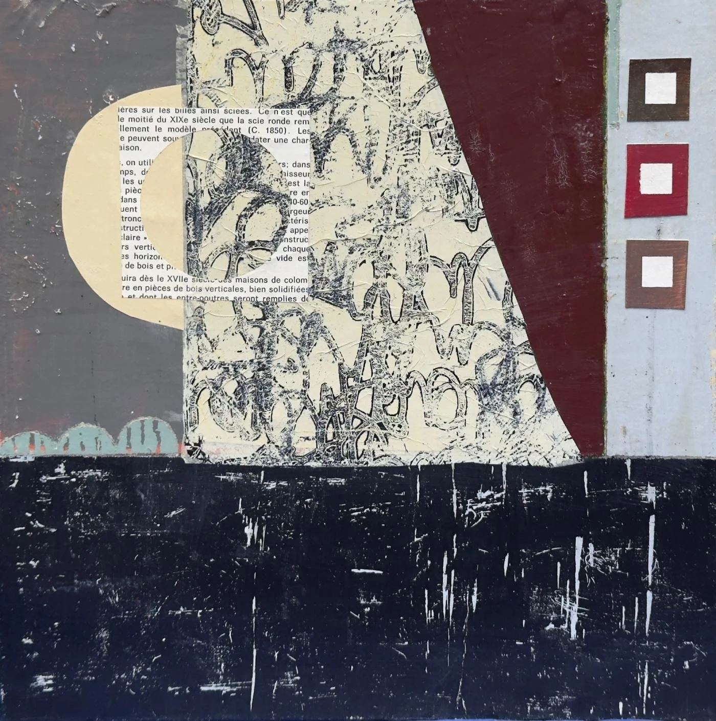 Peinture abstraite en technique mixte sur panneau de bois, formes rapprochées et composition unifiée.