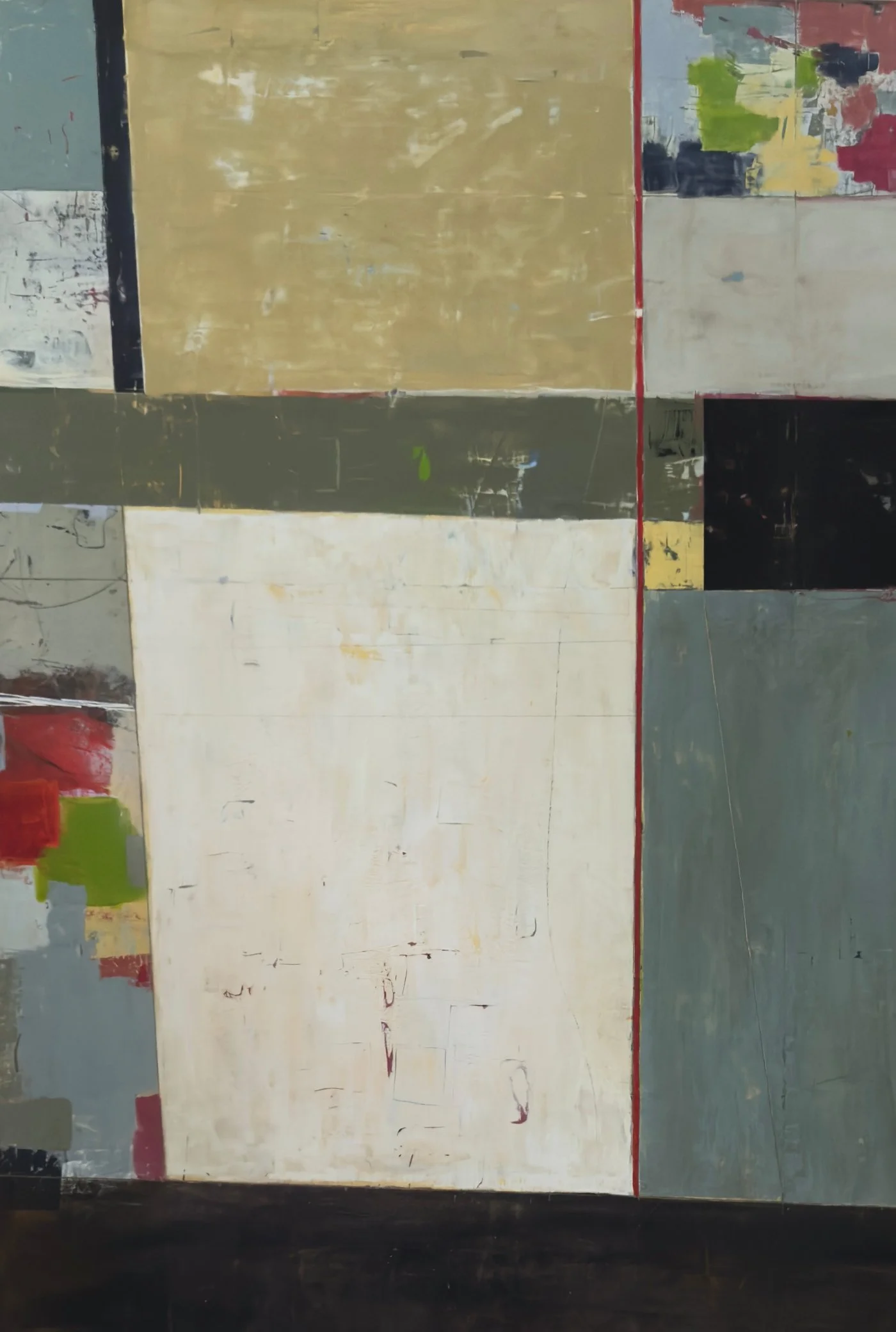 Palier – peinture abstraite contemporaine de Josée Larocque composée de formes géométriques superposées dans des tons crème, kaki, noir et ocre.