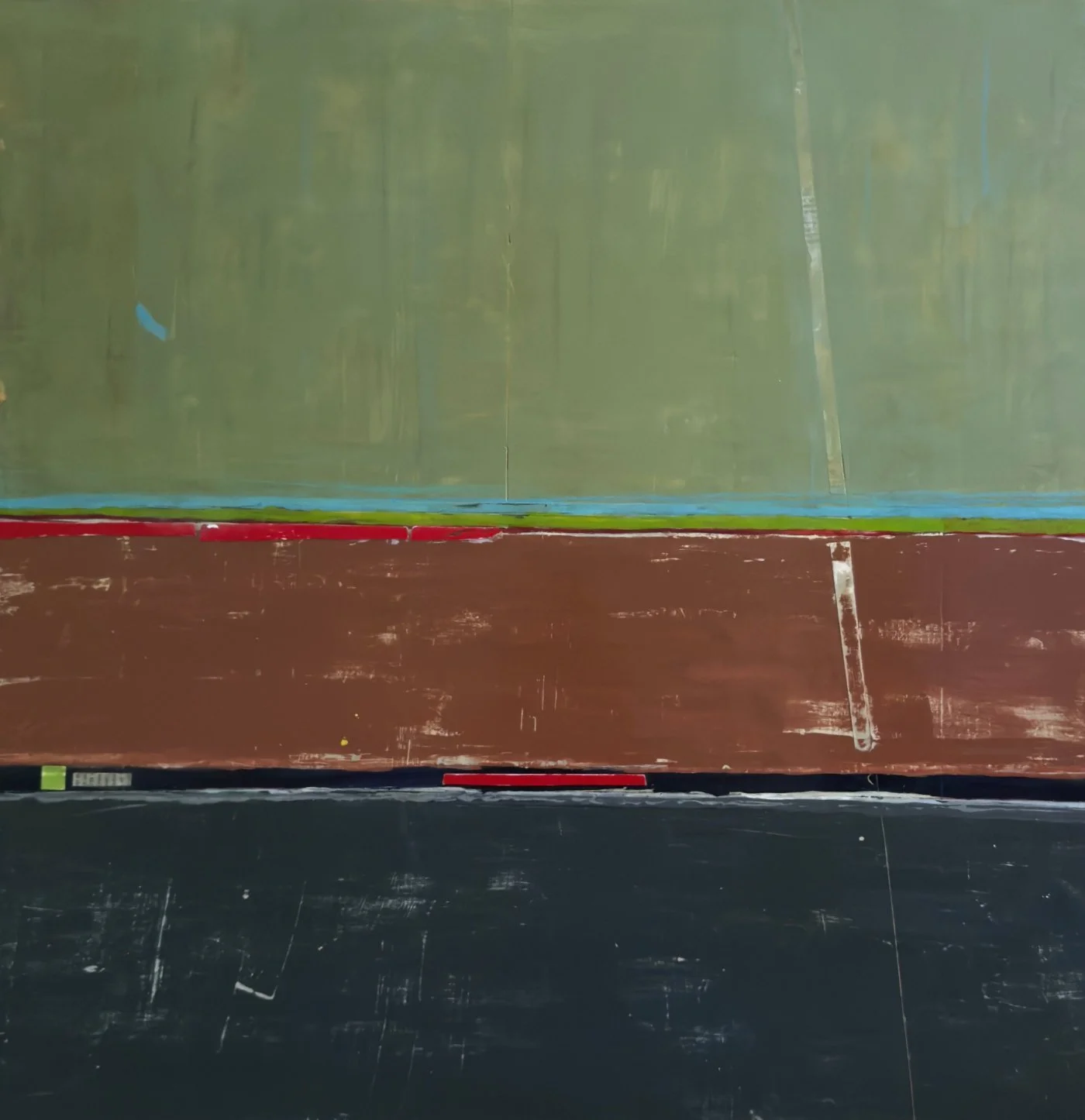 Peinture abstraite contemporaine de Josée Larocque composée de champs vert sauge, brun chaud et gris anthracite traversés de lignes colorées discrètes.