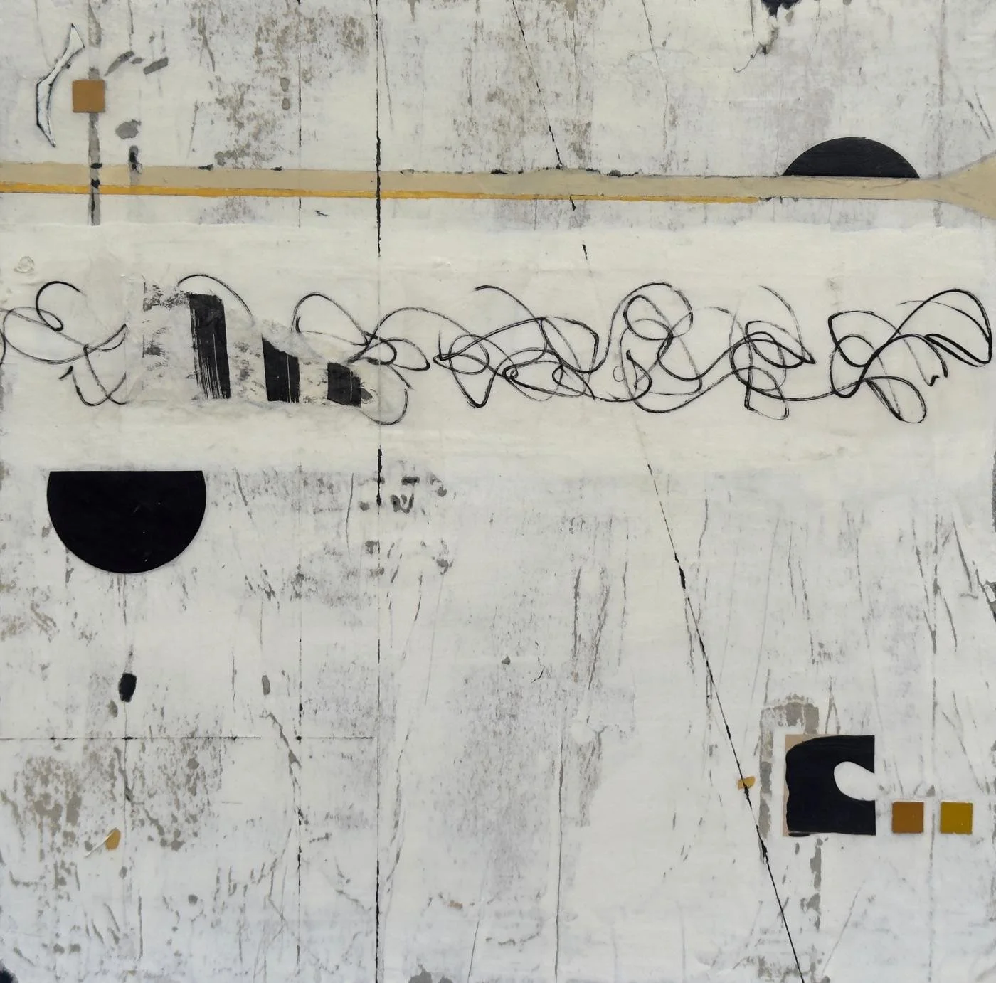 Peinture abstraite en technique mixte sur panneau de bois, lignes continues et tension du fil visuel.