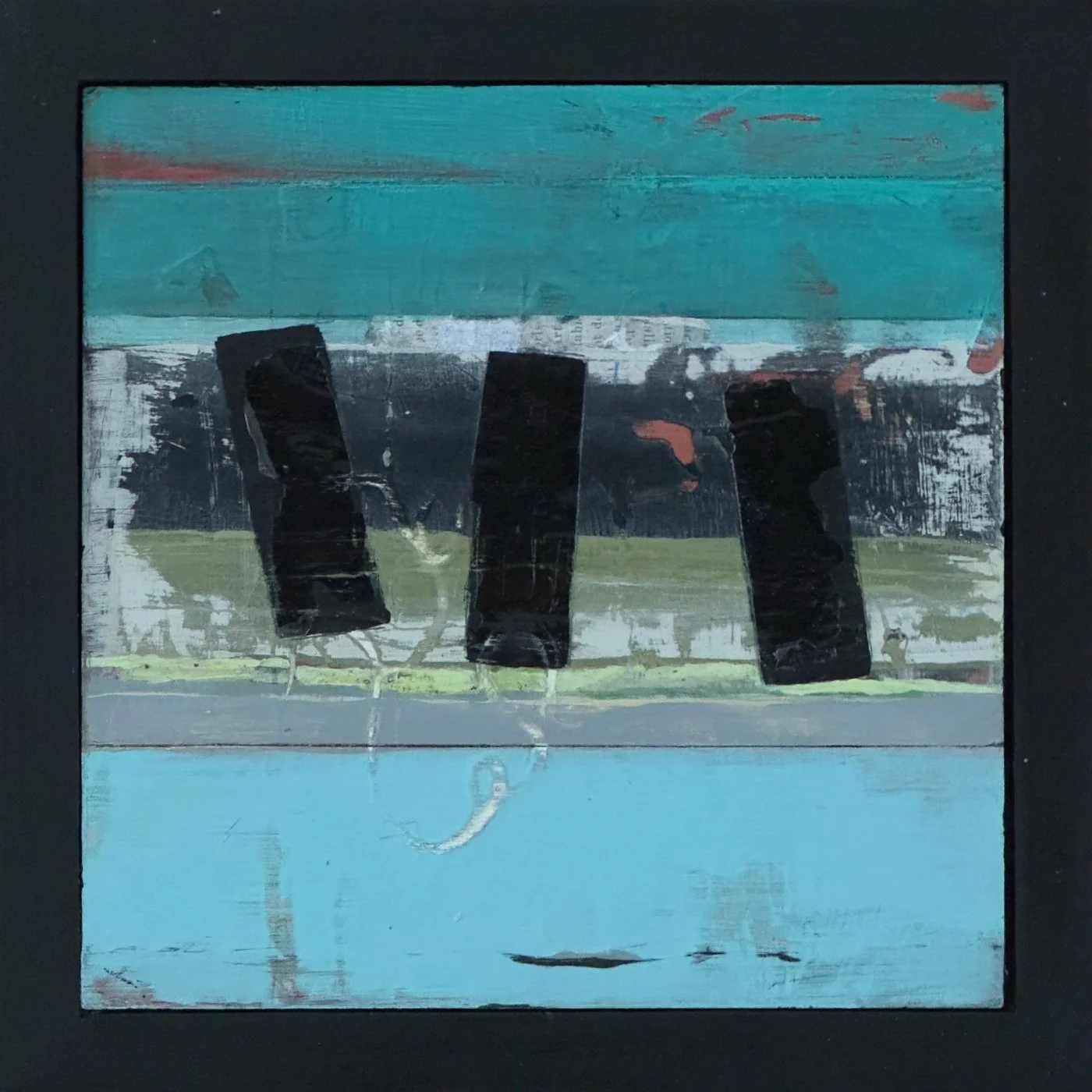 Peinture abstraite contemporaine de Josée Larocque composée de champs turquoise, gris, noir et vert avec collage, traces gestuelles et formes verticales.