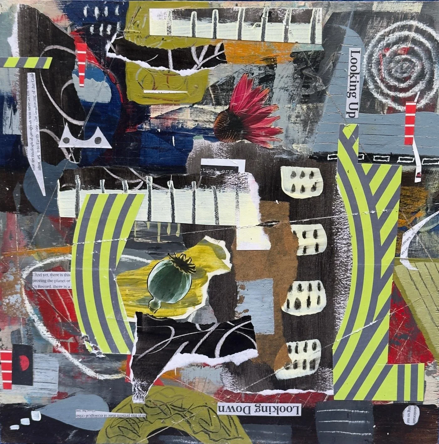  Peinture abstraite en technique mixte sur panneau de bois, formes naissantes à la surface.