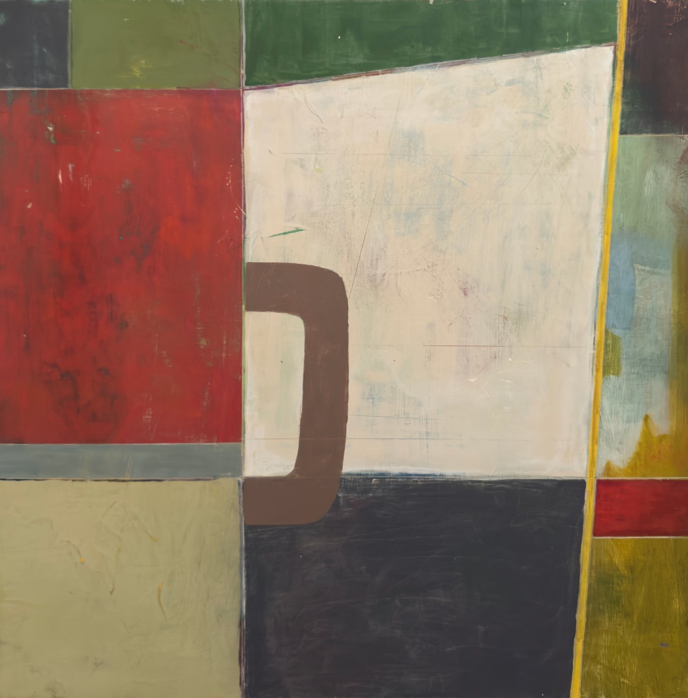 Peinture abstraite contemporaine aux formes géométriques, composée de rouge profond, crème, gris, vert et brun, avec une forme brune centrale reliant les différents espaces colorés.