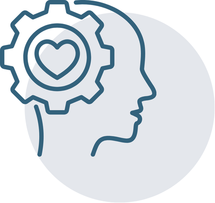 Outline of a human head with a gear containing a heart inside it.