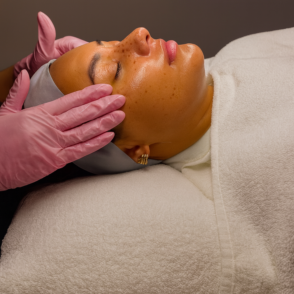 A woman receiving a facial treatment at a spa or skincare clinic, lying down with her eyes closed while a practitioner gently touches her face.