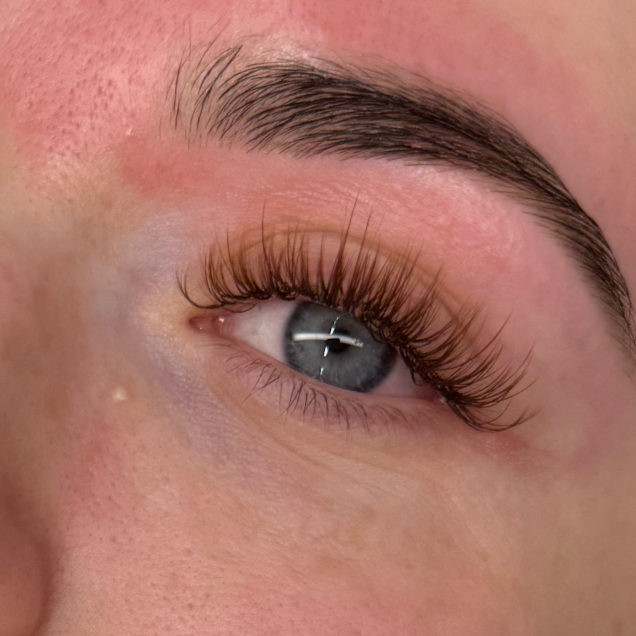 Close-up of a person's eye showing eyebrow, eyelashes, and blue iris.