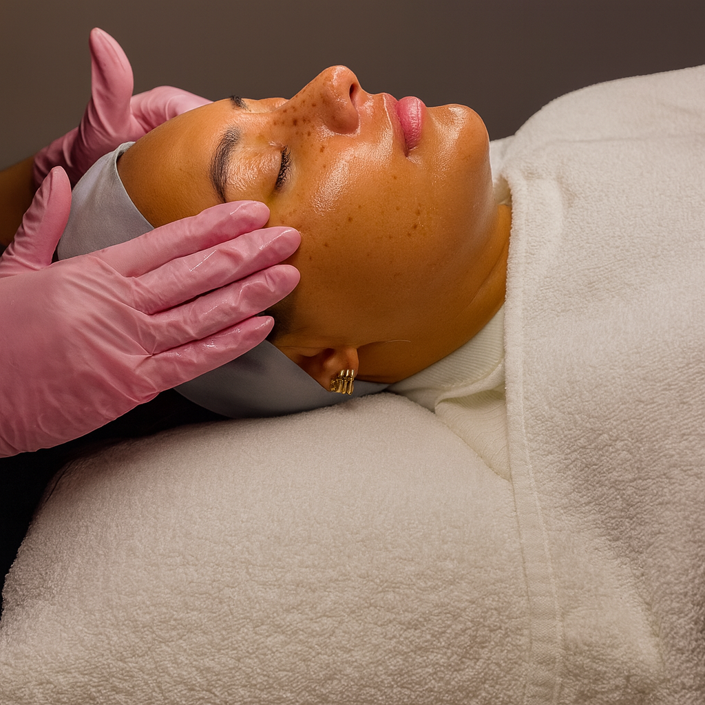 Woman receiving facial treatment from esthetician wearing pink gloves.