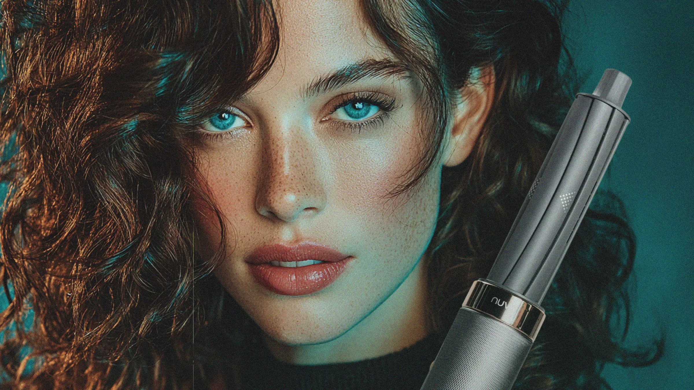 A women with flowing red hair being blow in the wind stands against a neutral warm backdrop with the Nuvy logo overlayed