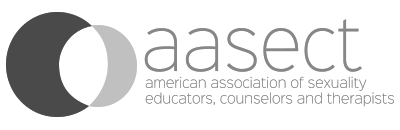 Logo of the American Association of Sexuality Educators, Counselors, and Therapists (AASECT) featuring a stylized black and white circle and text