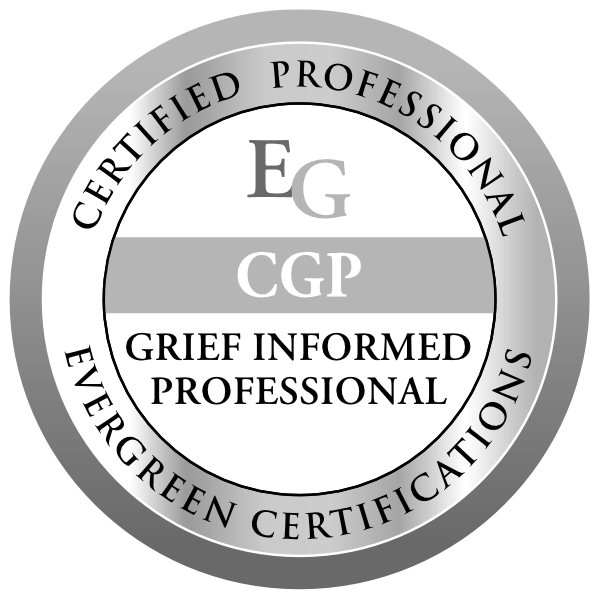 Gray and white certification badge with text indicating credentials for grief informed professional and certified professional.