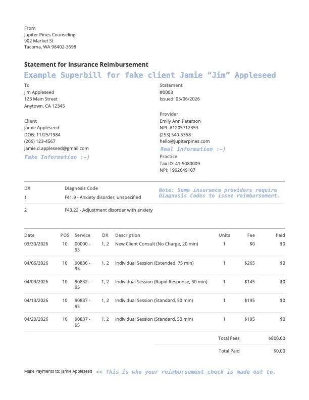 A detailed insurance reimbursement statement for a client named Jamie Appleseed, showing dates of service, descriptions, units, fees, and total charges, issued from Jupiter Pines Counseling.