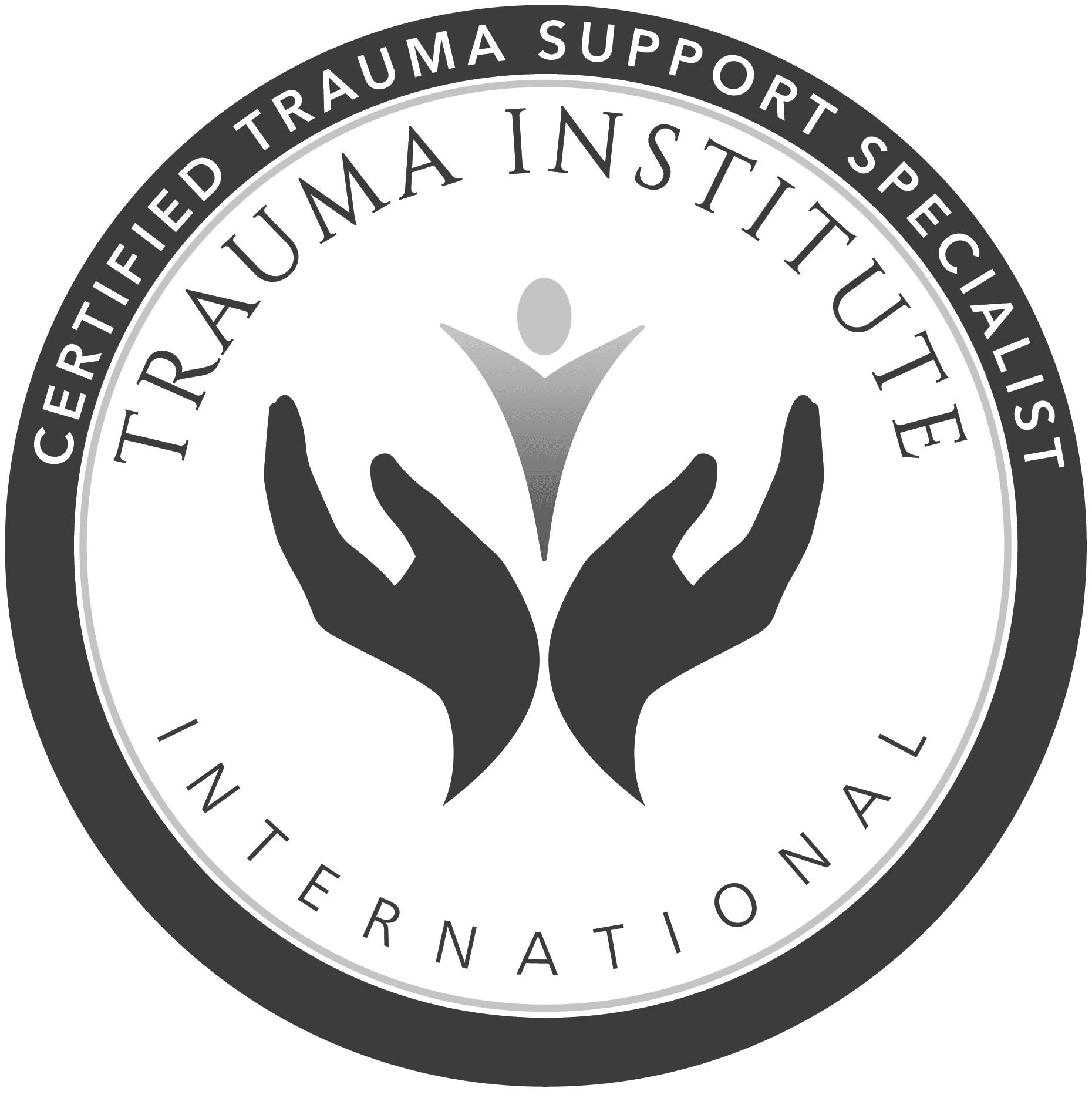 Seal with text 'Certified Trauma Trauma Support Specialist' surrounding a stylized figure with raised arms within a circle.