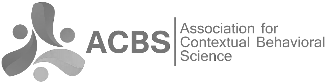 Black and white logo of the Association for Contextual Behavioral Science, featuring abstract human figures surrounding the acronym ACBS.
