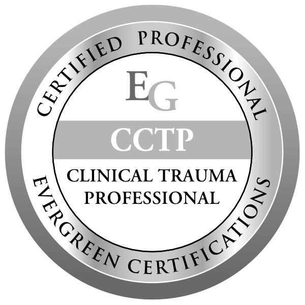 Seal with text 'Certified Professional Evergreen Certifications' around the outer ring, 'EG CCTP' in the center with 'Clinical Trauma Professional' and 'E' and 'G' inside.