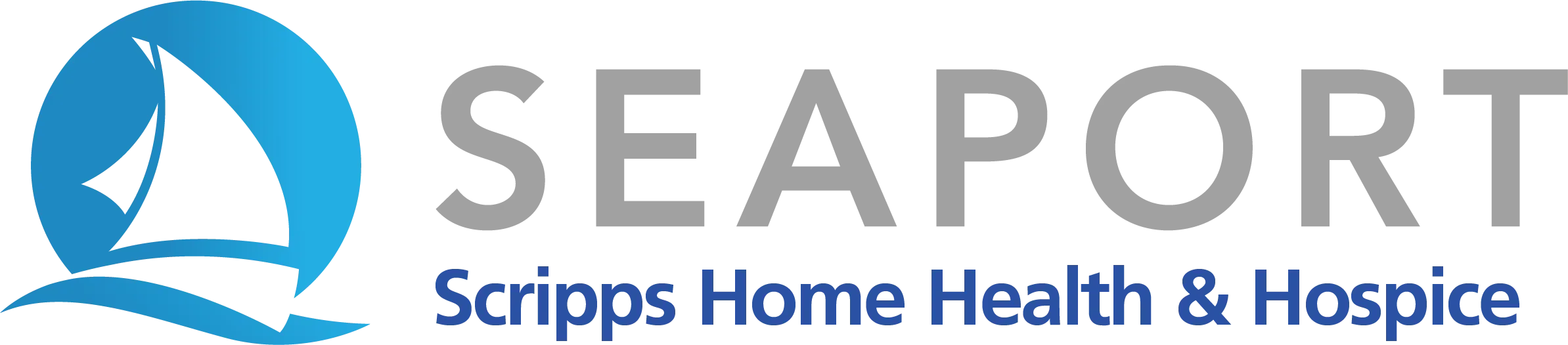 Logo for SEAPORT Scripps Home Health & Hospice featuring a stylized sailboat within a blue circle and the company name in gray and blue text.