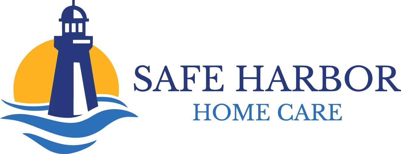 Logo for Safe Harbor Home Care featuring a lighthouse, a yellow sun, and blue waves, with the text "SAFE HARBOR HOME CARE".