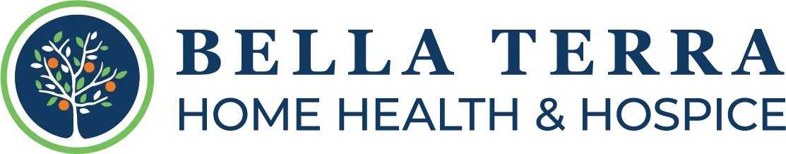 Logo for Bella Terra Home Health & Hospice, featuring a stylized tree with blue, orange, and white leaves inside a circular green and blue border, and text that says 'Bella Terra Home Health & Hospice'.