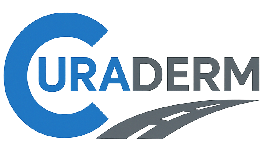 Logo with large blue letter C, the letters URADERM in blue and gray, and a gray road beneath the text.
