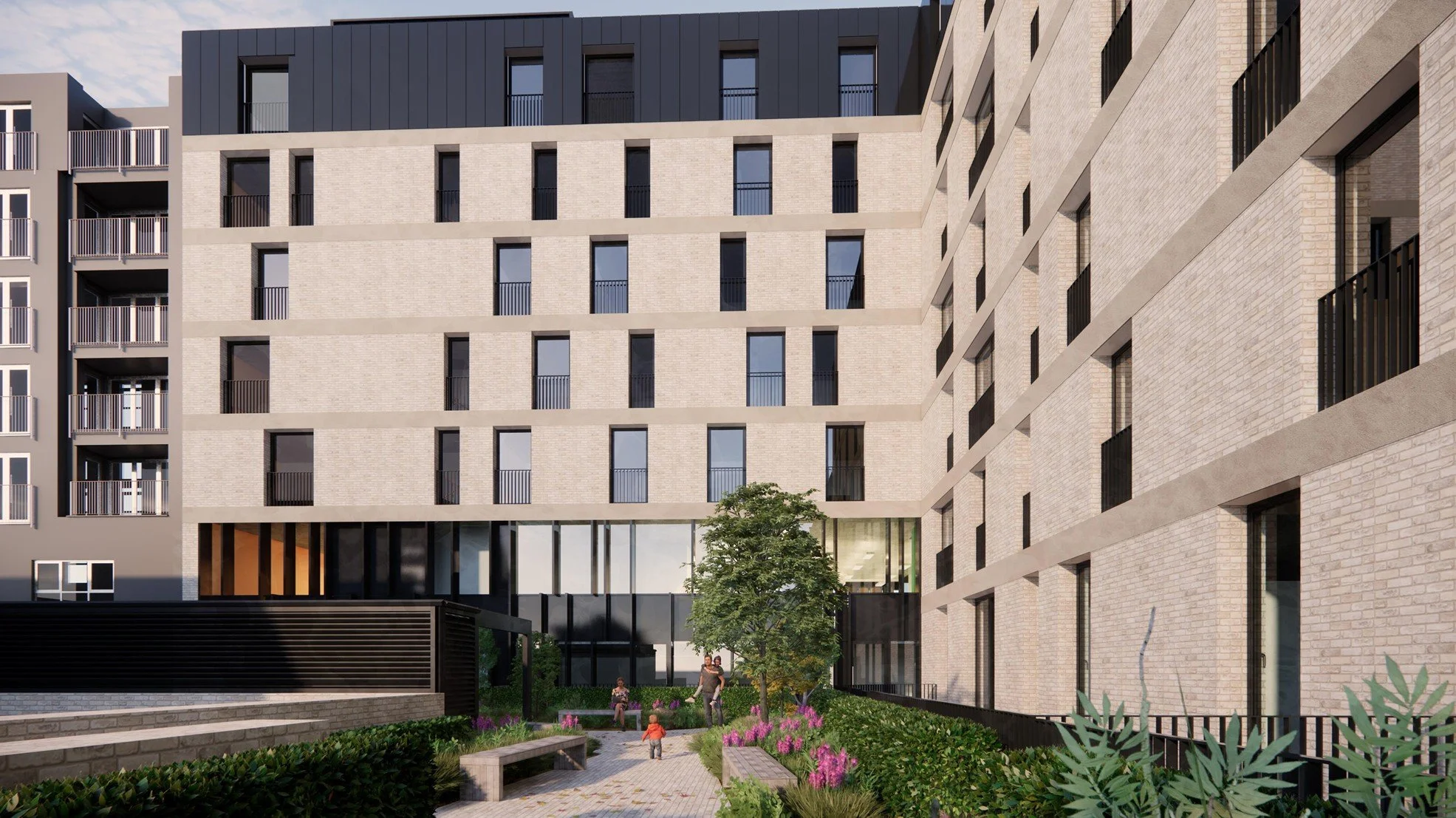 Black background with a white geometric circular design formed by interconnected rectangular shapes.