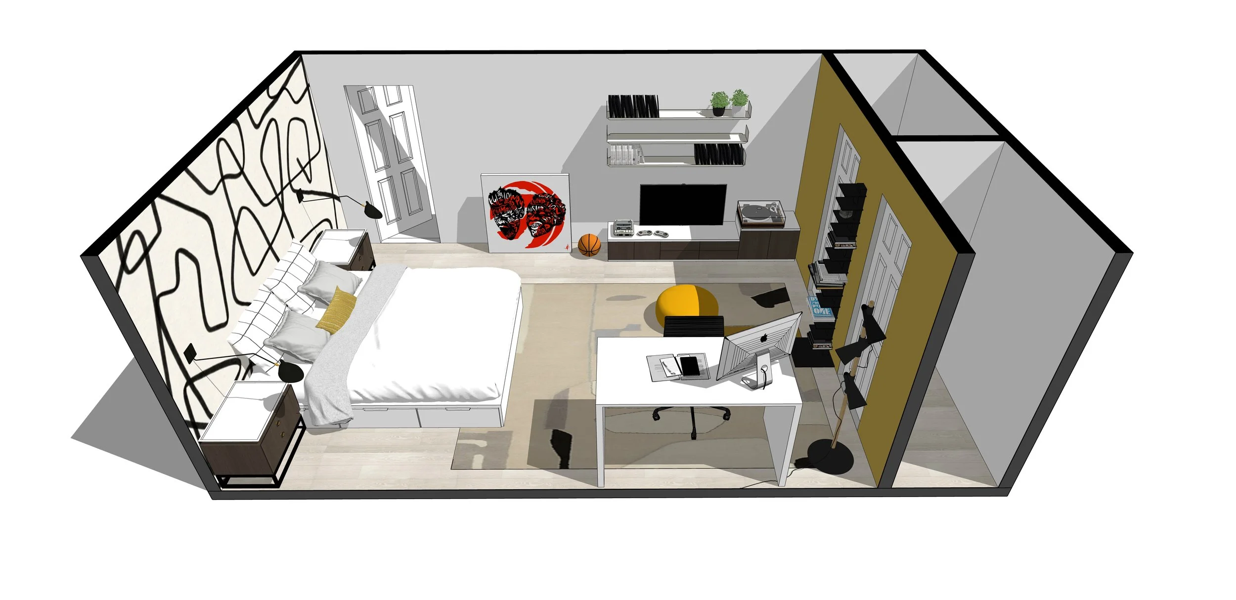 A modern bedroom with a white bed, black and yellow accents, a TV, a desk with a computer, and wall art featuring a red and black design.