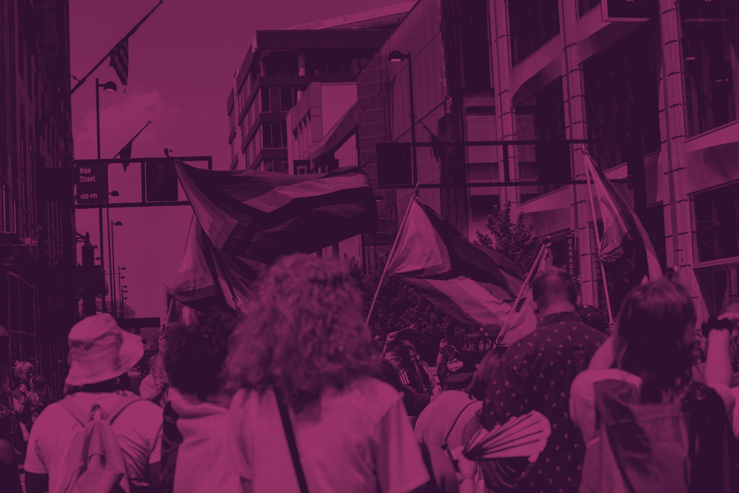 A crowd of people gathered on a city street with flags and signs, some holding flags with stripes, in an urban area with tall buildings and street signs visible.