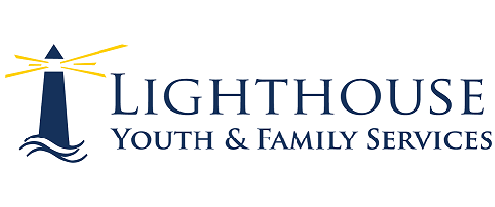 Logo for Lighthouse Youth & Family Services featuring a navy lighthouse with yellow beams and blue waves, and text displaying the organization name.