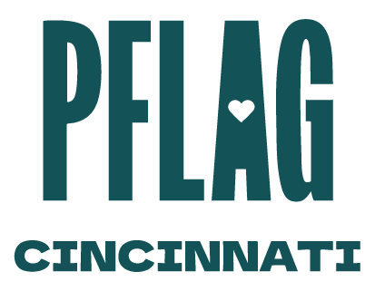 The word 'PFILAG' in large teal letters with a small black heart in place of the letter 'A', and the word 'CINCINNATI' in smaller teal letters below.