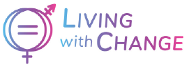Graphic with the LGBT pride flag and the text 'Living with Change' in purple and blue letters.