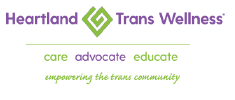 Heartland Trans Wellness logo with green and purple text and symbols, including care, advocate, educate, and empowering the trans community