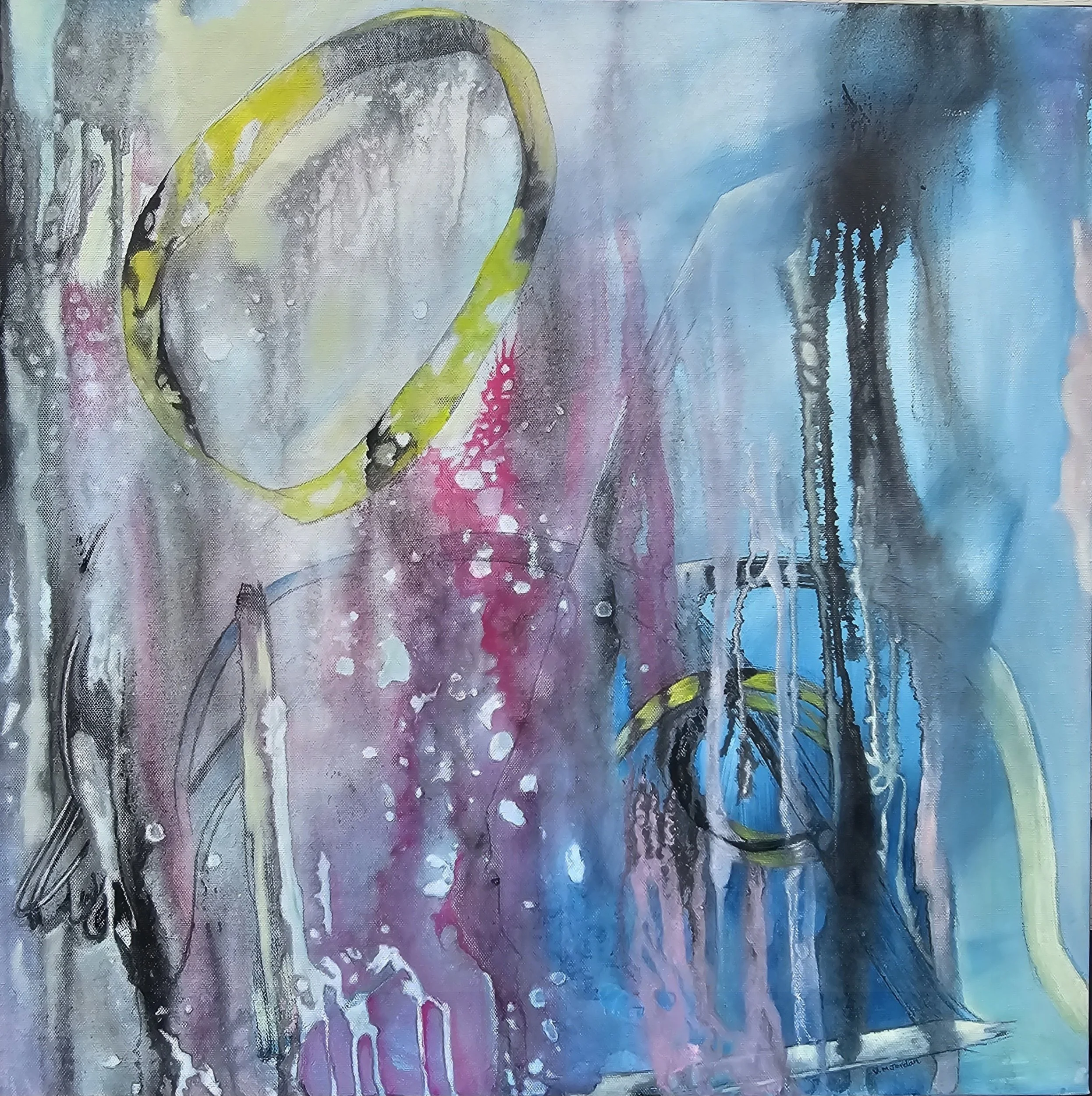 "CASCADE" 24"X24" Acrylic, ink and pencil on gallery wrapped canvas (2026)