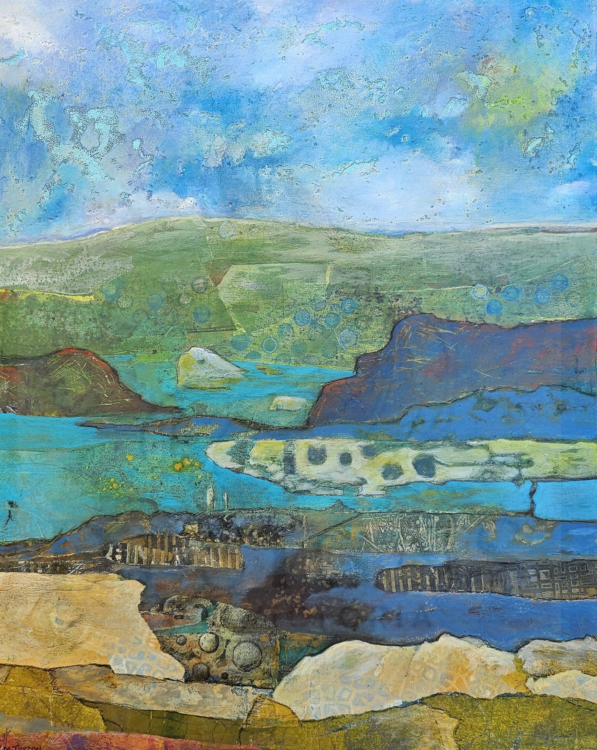 "LOCH AND BOG" 16"X20" Acrylic, pencil and hand-printed collage papers on canvas (2026)