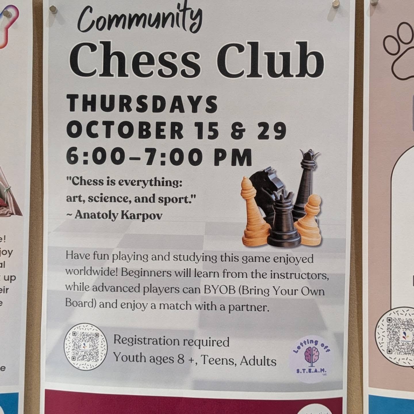 Community Chess Club at the @colonielibrary last night. Over 20 people, diverse ages and abilities enjoying this beautiful game. We had so much fun we forgot to take more pictures 😂 Scan the code and join our next session!
.
.
.
.
#chess #stemeducat