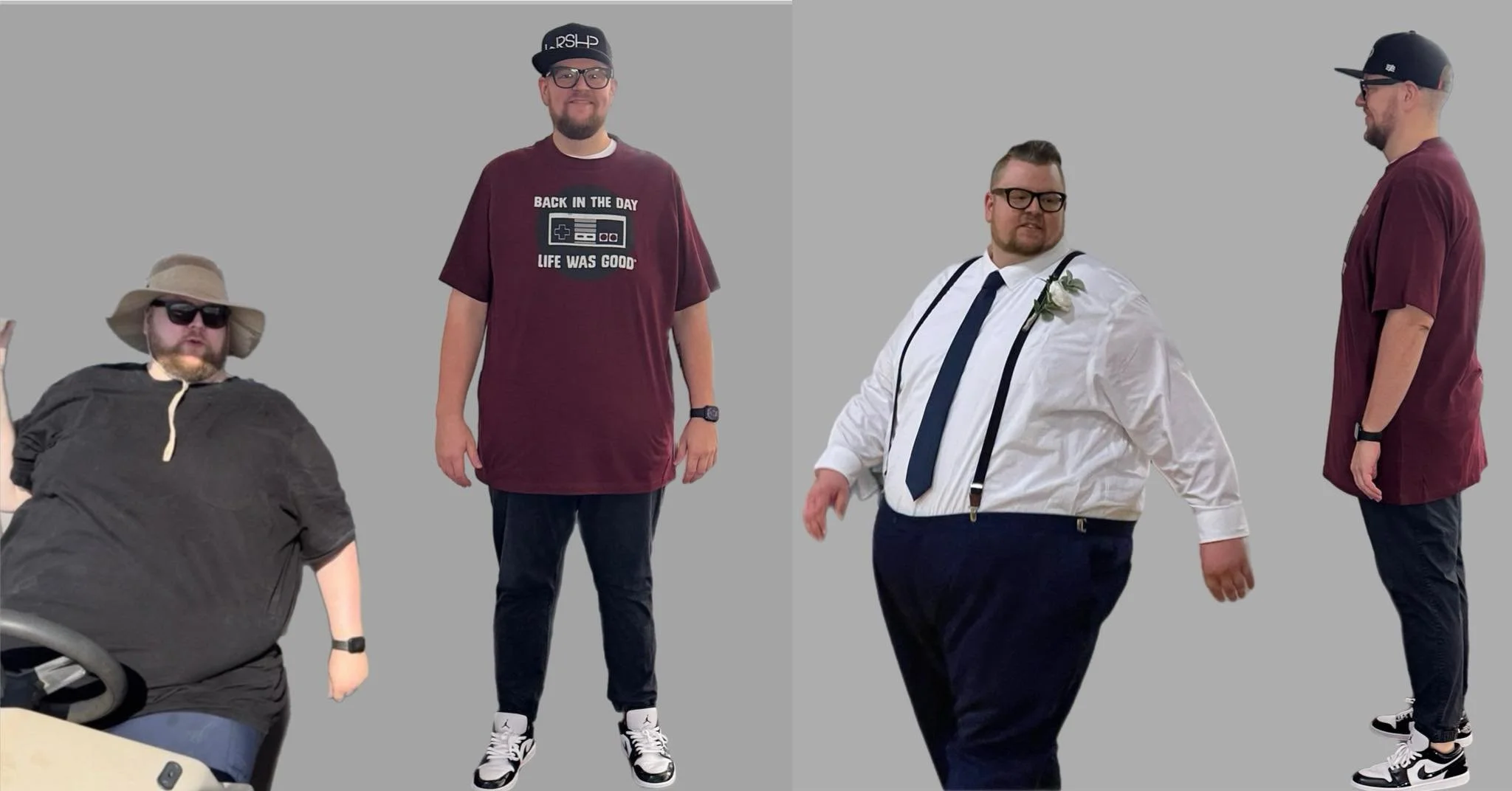 Four men standing and sitting against a plain gray background, dressed casually and formally.