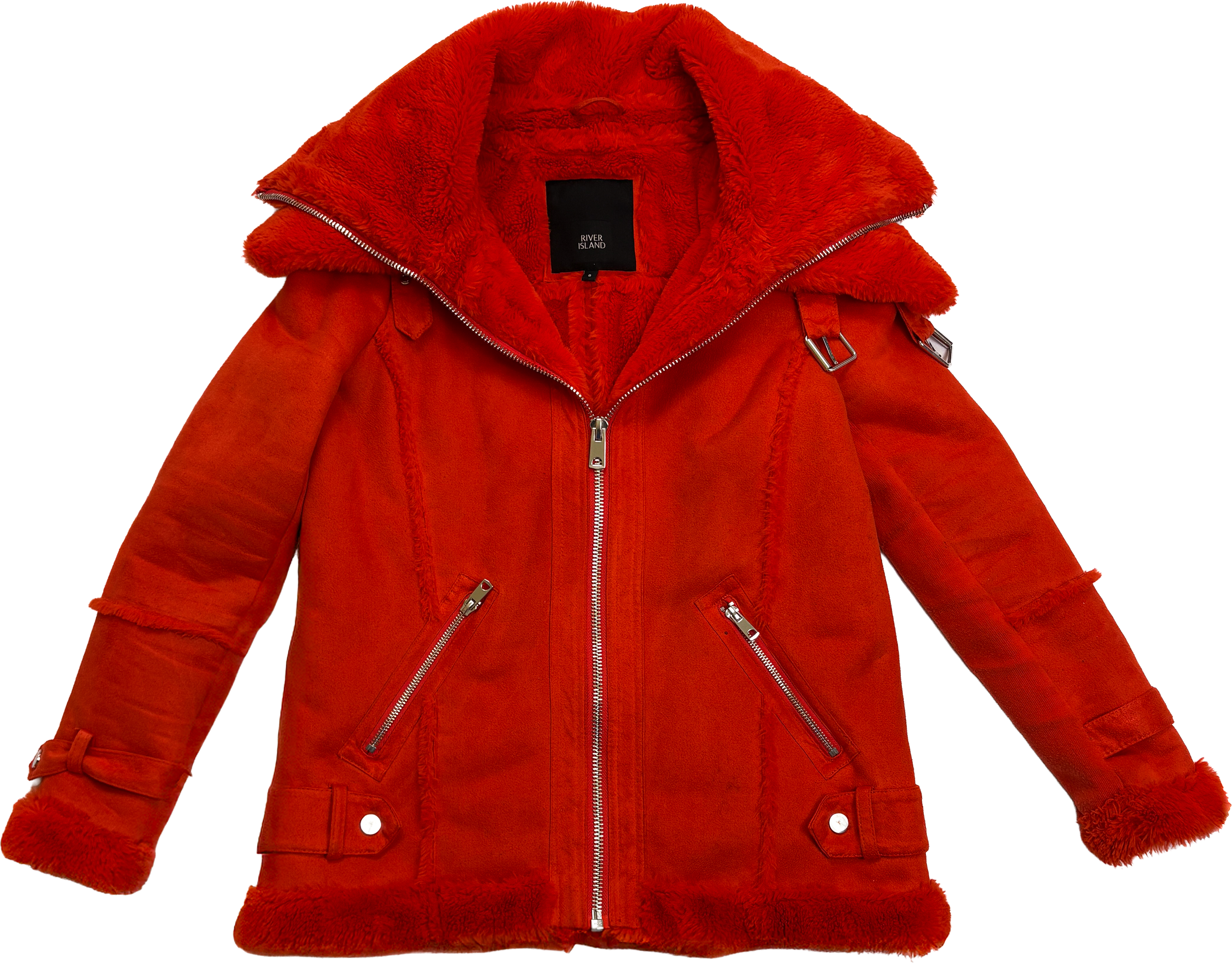 Red faux fur-lined jacket with a large collar, multiple zippered pockets, and buckle details.