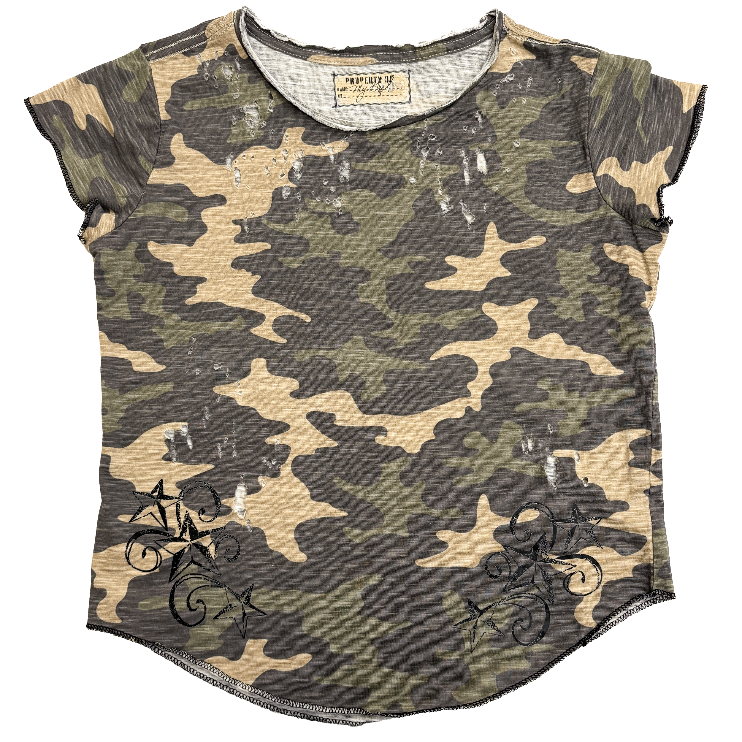 Camouflage T-shirt with distressed look and black decorative star and swirl embroidery.
