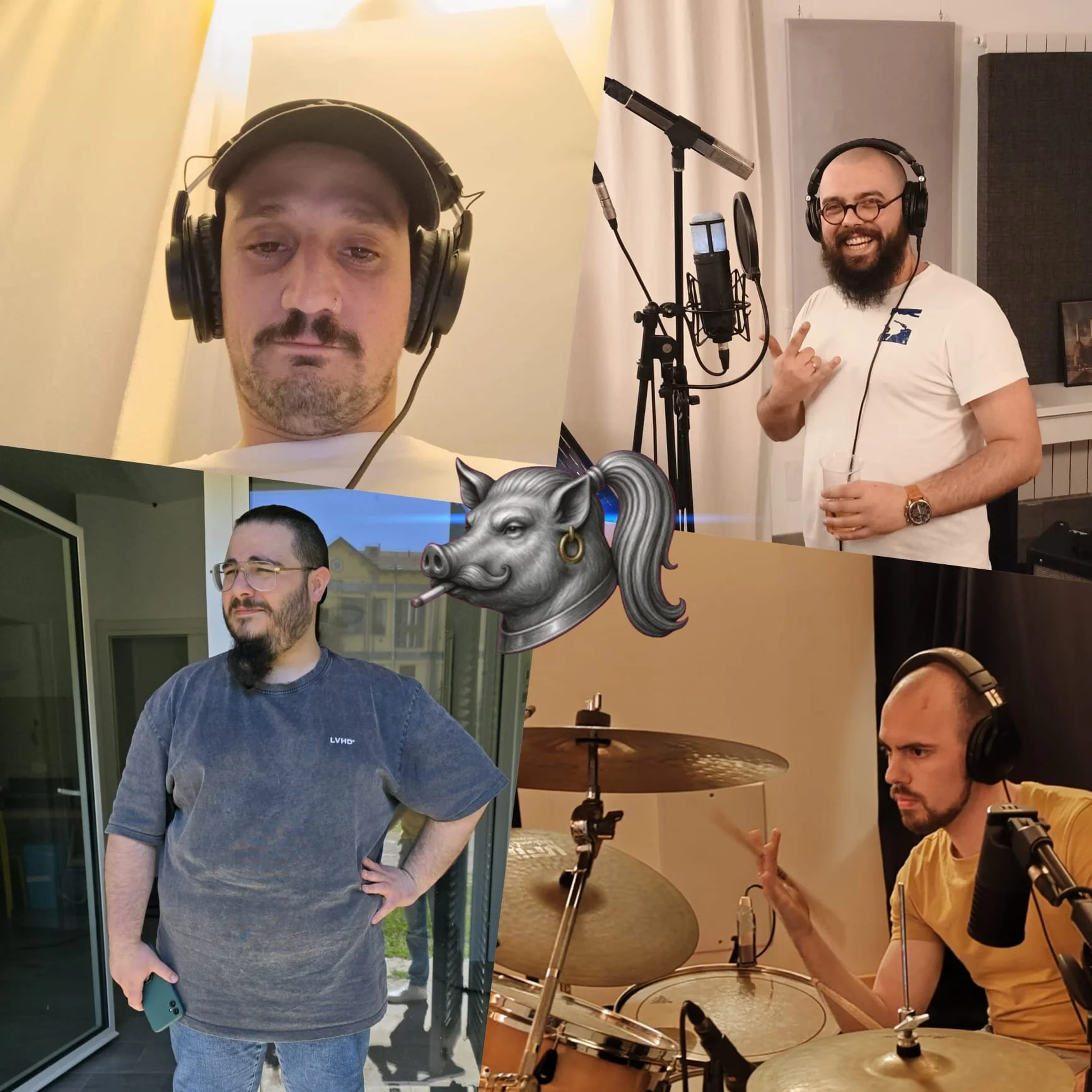 Quattro uomini in uno studio di registrazione e in un ambiente esterno, con attrezzature da registrazione e strumenti musicali, e un'illustrazione di un maiale con un solo e un orecchino