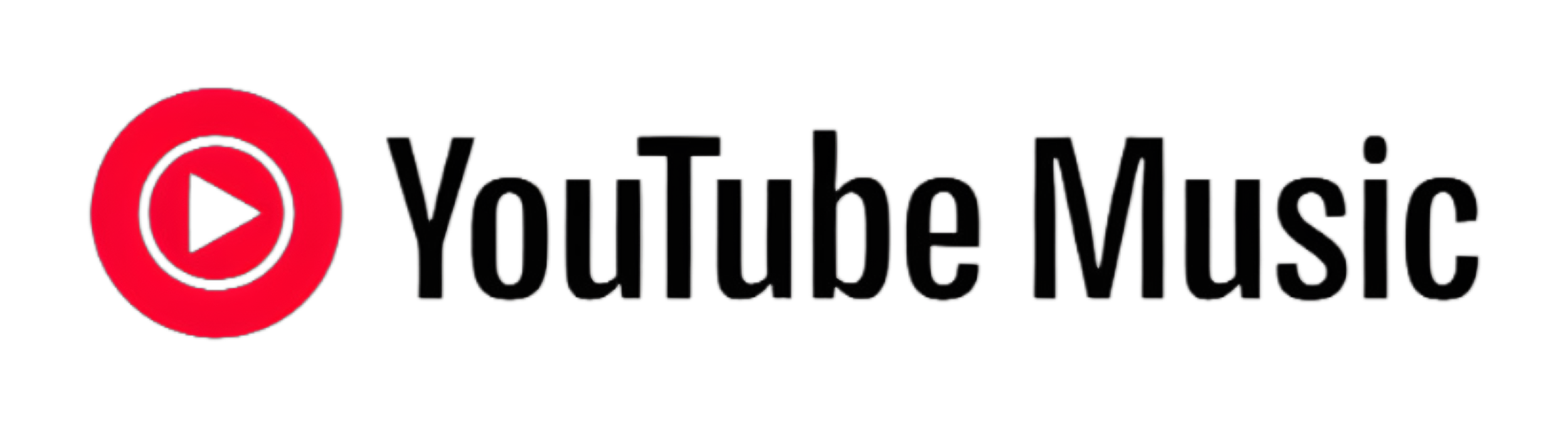 Logo di YouTube Music con simbolo di play rosso e testo in nero su sfondo nero.