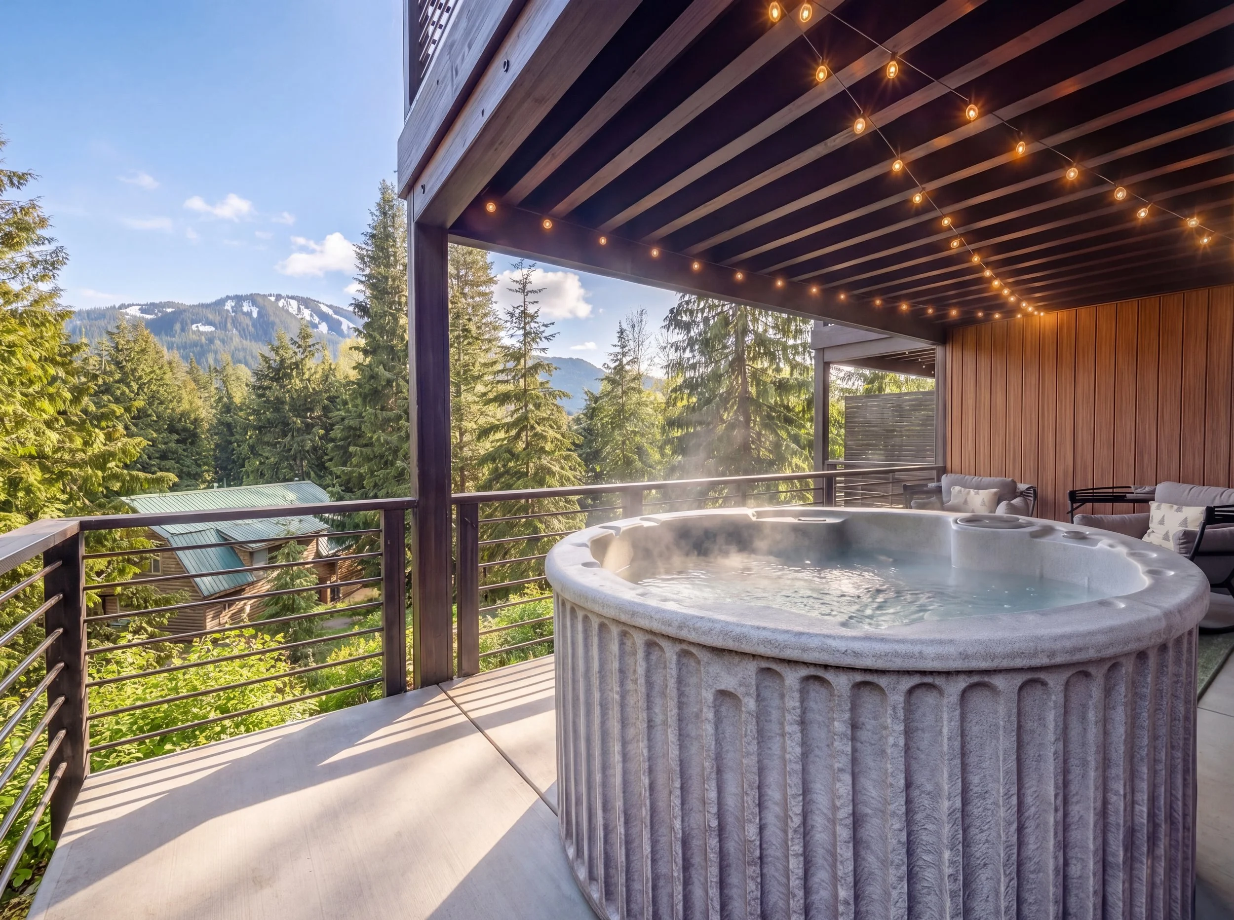 FIFA World Cup 2026 Seattle Airbnb Outdoor balcony with hot tub, surrounded by trees and mountain view, string lights overhead, wooden ceiling and wall, outdoor seating with cushions.