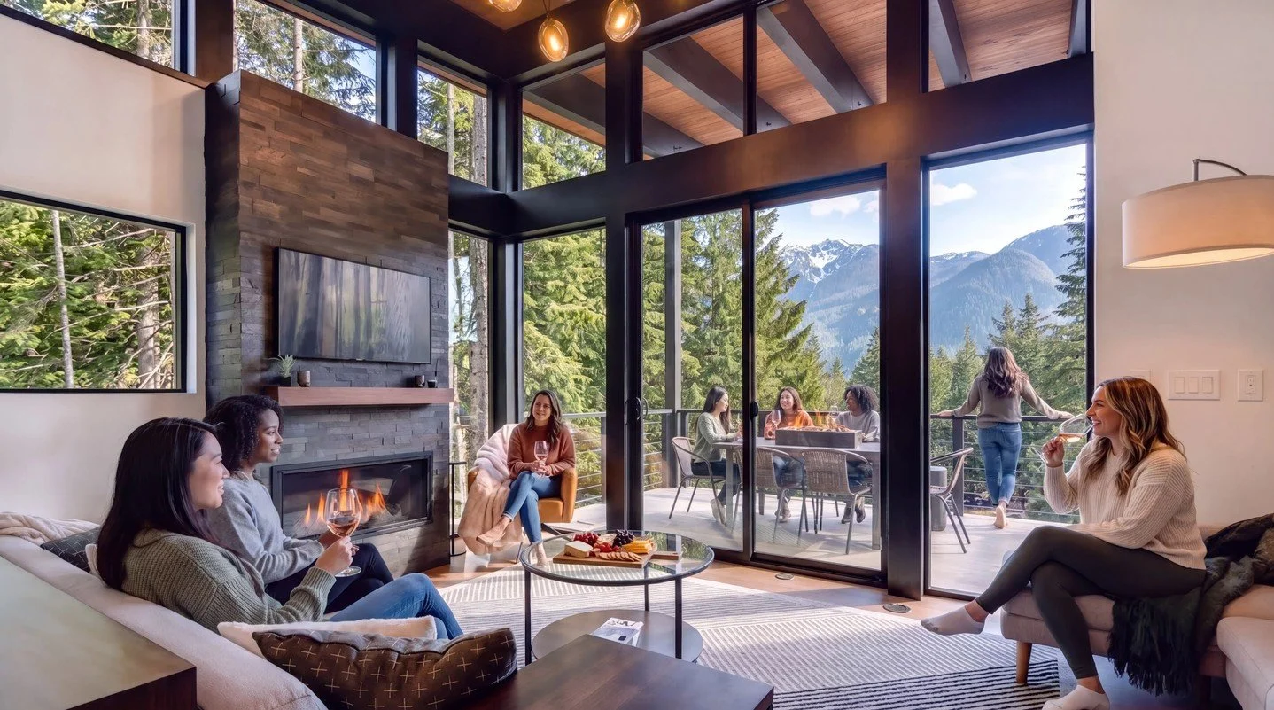 Elevate your girls' retreat at The Mountainside House. Cozy up by the fire, share a drink, and enjoy our spacious living area. Perched at Hyak in the Cascades, we offer the ultimate sanctuary for group bonding.

#GirlsTrip #SnoqualmiePass #Hyak #Girl