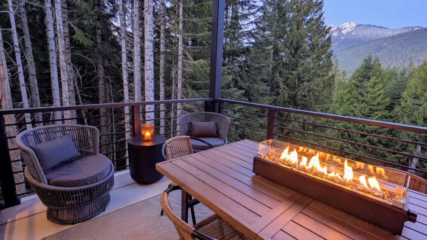 Unwind in the evening glow. After exploring the Cascades, cozy up by the fire table on our deck at Hyak. Perched overlooking the forest, it&rsquo;s the ideal Basecamp for your next reset. Book your mountain getaway at Snoqualmie Pass today. #TheMount