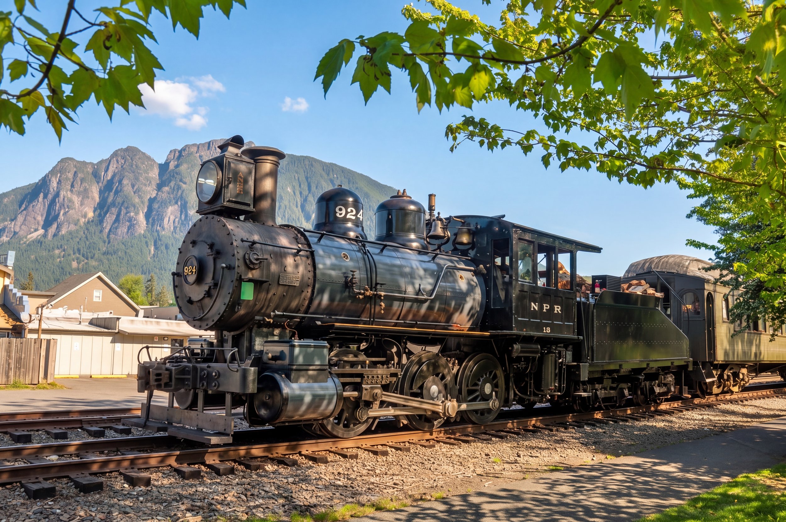 A vintage black steam locomotive train with the number 924 on the front, sitting on railway tracks outdoors with a mountain and clear blue sky in the background, surrounded by green leafy trees.